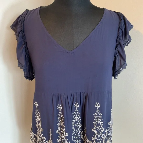 Source Unknown Blue Cream Ruffled Cap Sleeve Embroidered Boho Blouse Top Large - Picture 2 of 10
